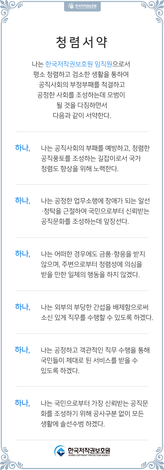 나는 한국저작권보호원 임직원으로서 평소 청렴하고 검소한 생활을 통하여 공직사회의 부정부패를 척결하고 공정한 사회를 조성하는데 모범이 될 것을 다짐하면서 다음과 같이 서약한다. 하나, 나는 공직사회의 부패를 예방하고, 청렴한 공직풍토를 조성하는 길잡이로서 국가 청렴도 향상을 위해 노력한다.하나, 나는 공정한 업무수행에 장애가 되는 알선·청탁을 근절하여 국민으로부터 신뢰받은 공직문화를 조성하는데 앞장선다.하나, 나는 어떠한 경우에도 금품·향응을 받지 않으며, 주변으로부터 청렴성에 의심을 받을 만한 일체의 행동을 하지 않겠다.하나, 나는 외부의 부당한 간섭을 배제함으로써 소신 있게 직무를 수행할 수 있도록 하겠다.하나, 나는 공정하고 객관적인 직무 수행을 통해 국민들이 제대로 된 서비스를 받을 수 있도록 하겠다.하나, 나는 국민으로부터 가장 신뢰받는 공직문화를 조성하기 위해 公私 구분 없이 모든 생활에 솔선수범 하겠다.