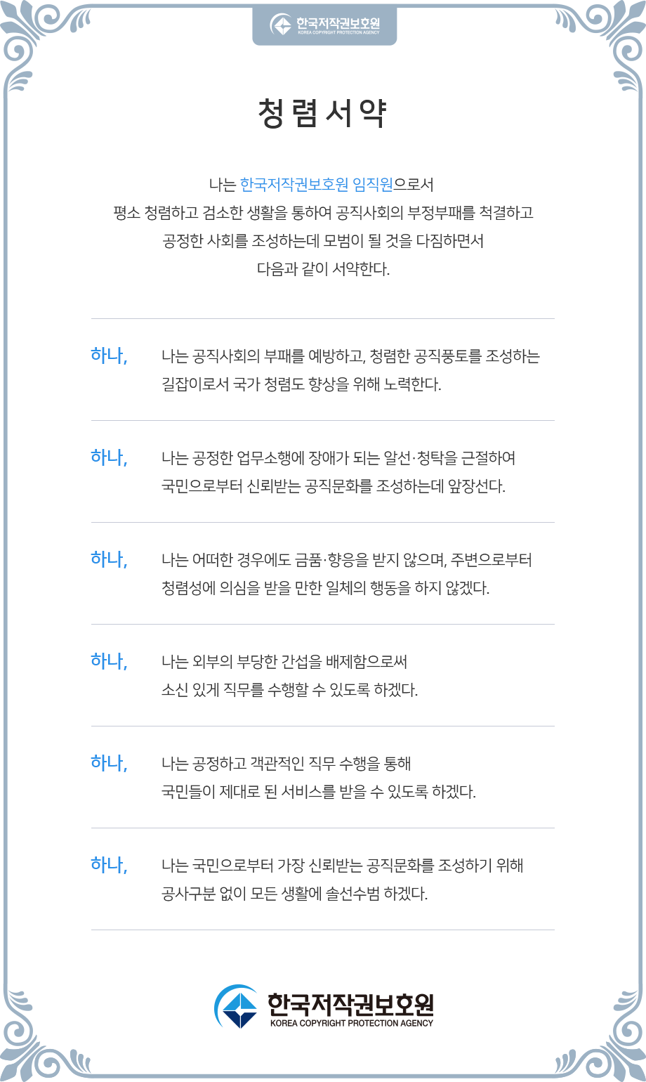 나는 한국저작권보호원 임직원으로서 평소 청렴하고 검소한 생활을 통하여 공직사회의 부정부패를 척결하고 공정한 사회를 조성하는데 모범이 될 것을 다짐하면서 다음과 같이 서약한다. 하나, 나는 공직사회의 부패를 예방하고, 청렴한 공직풍토를 조성하는 길잡이로서 국가 청렴도 향상을 위해 노력한다.하나, 나는 공정한 업무수행에 장애가 되는 알선·청탁을 근절하여 국민으로부터 신뢰받은 공직문화를 조성하는데 앞장선다.하나, 나는 어떠한 경우에도 금품·향응을 받지 않으며, 주변으로부터 청렴성에 의심을 받을 만한 일체의 행동을 하지 않겠다.하나, 나는 외부의 부당한 간섭을 배제함으로써 소신 있게 직무를 수행할 수 있도록 하겠다.하나, 나는 공정하고 객관적인 직무 수행을 통해 국민들이 제대로 된 서비스를 받을 수 있도록 하겠다.하나, 나는 국민으로부터 가장 신뢰받는 공직문화를 조성하기 위해 公私 구분 없이 모든 생활에 솔선수범 하겠다.